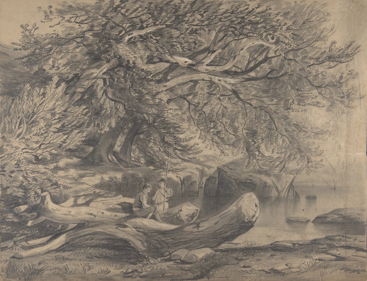 Dwóch mężczyzn odpoczywających nad jeziorem recto..., początek do połowy XIX wieku. autorstwa Alexandre Calame