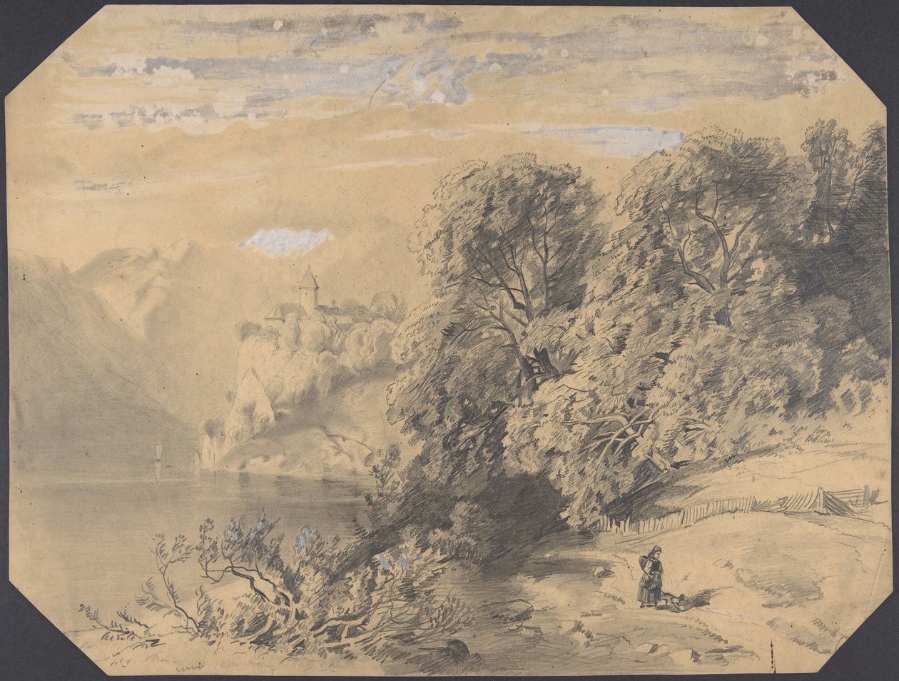 Kobieta z psem nad górskim jeziorem autorstwa Alexandre Calame