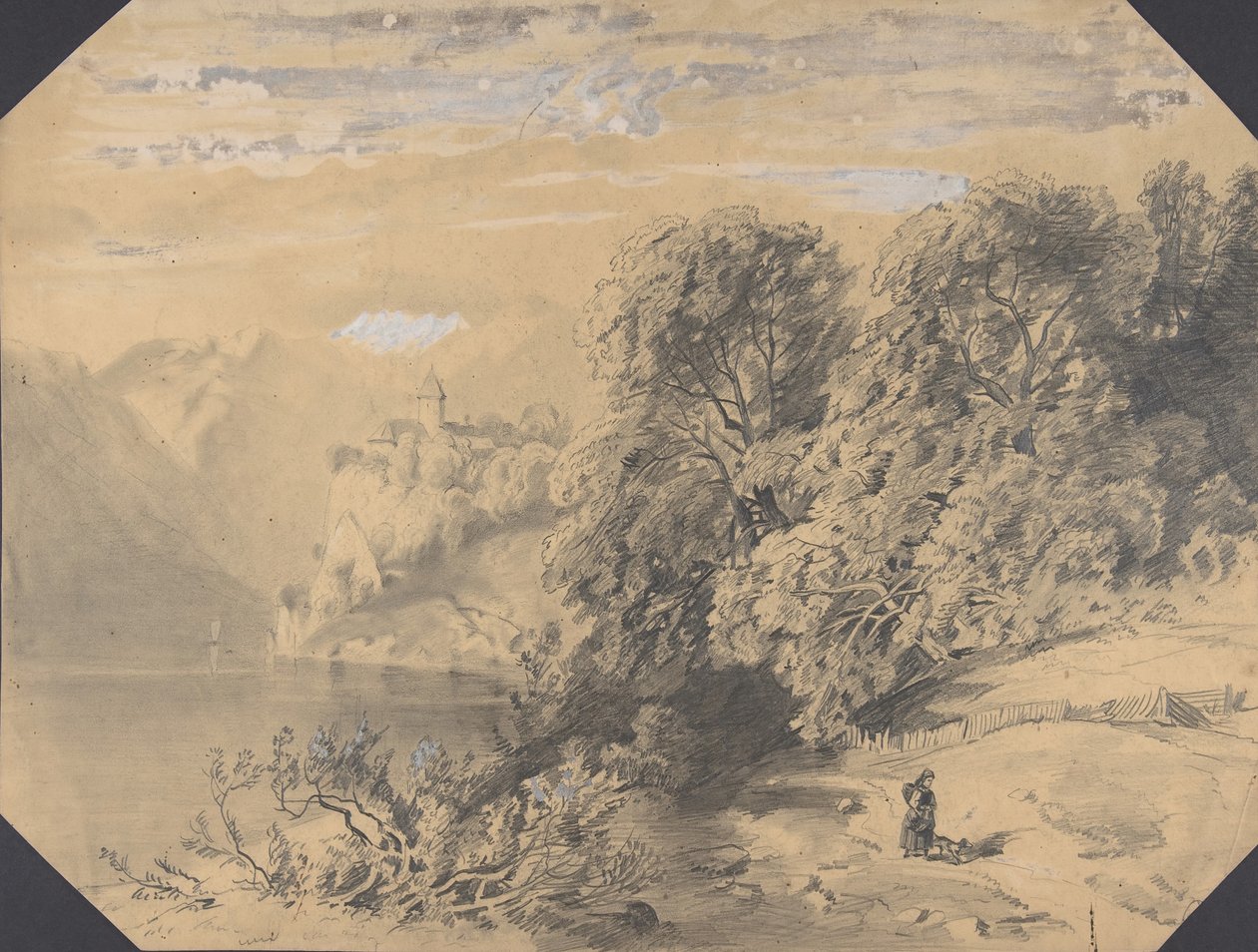 Kobieta z psem nad górskim jeziorem, początek do połowy XIX wieku. autorstwa Alexandre Calame