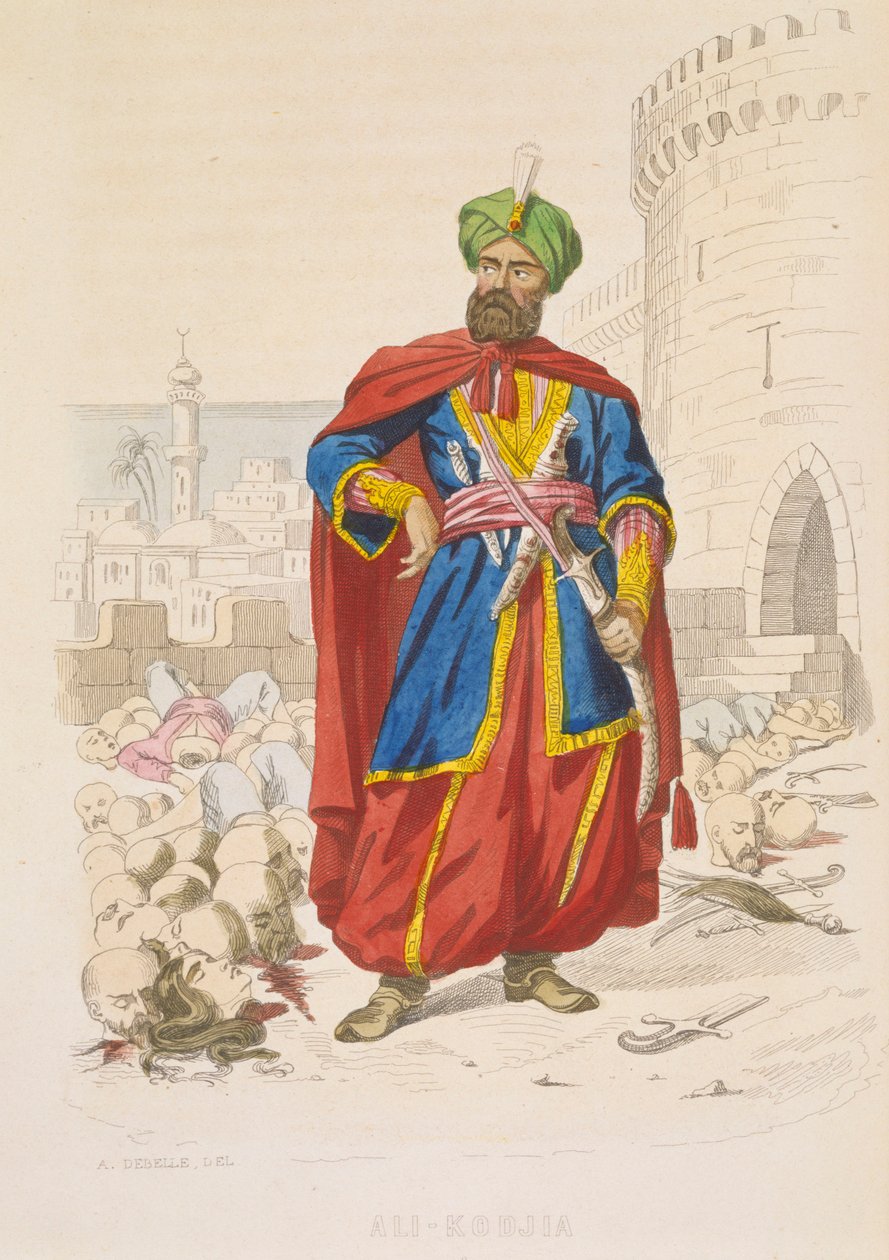 Ali Chodża, władca Algieru w latach 1816-1818, olśniewający w zielonym turbanie i z pięknym mieczem, otoczony odciętymi głowami pokonanych wrogów po bombardowaniu w 1816 r., połowa XIX w. (kolorowa rycina) autorstwa Alexandre Debelle