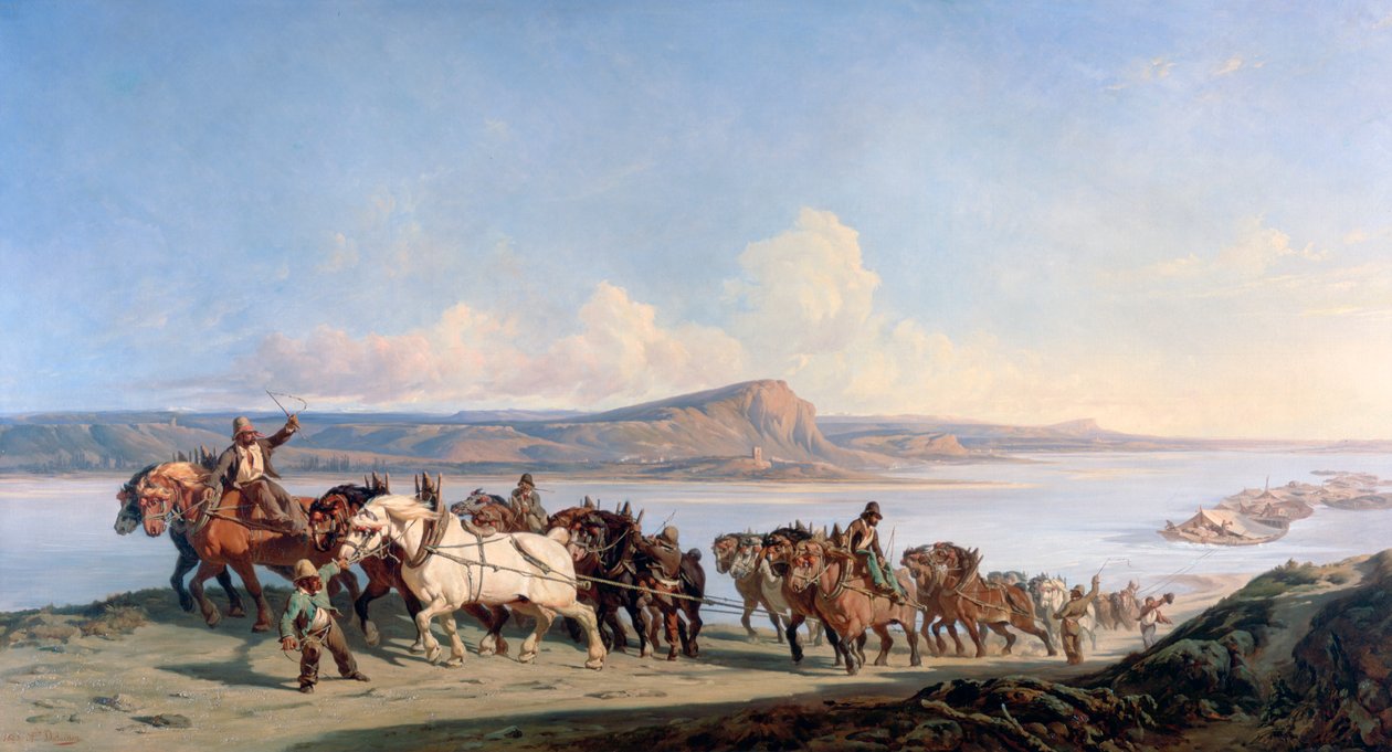Dołączenie koni ciągnących łodzie w dół Rodanu, c1825-1870 autorstwa Alexandre Dubuisson