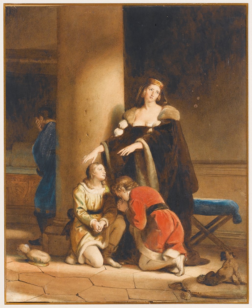 Elisabeth Woodville, królowa Anglii, żegna się ze swoimi synami, Edwardem V i Richardem, księciem Yorku, z rozpaczającym mężczyzną za kolumną autorstwa Alexandre Evariste Fragonard