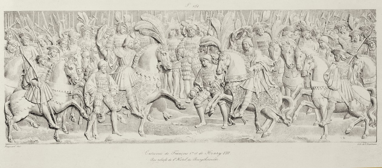 Spotkanie Franciszka I i Henryka VIII na Polu Złotych Szmat, według rzeźbionej kamiennej płaskorzeźby w Hotelu de Bourgtheroulde, Rouen, Normandia, 1501-37, wyryte przez Godefroy Engelmann (1788-183). autorstwa Alexandre Evariste Fragonard
