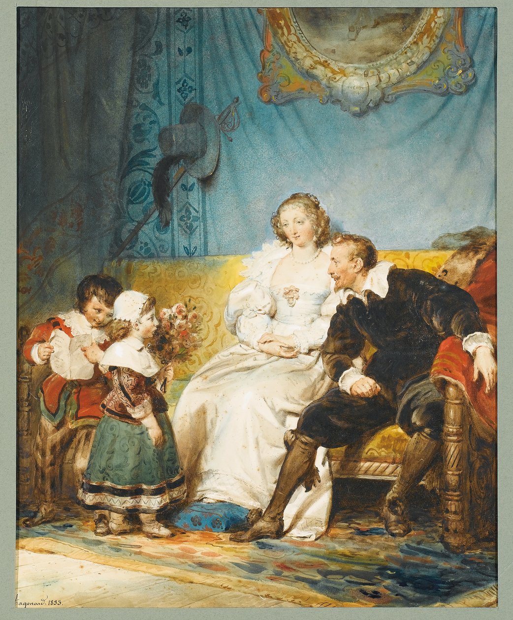 Rubens i Hélène Fourment siedzą z Fransem trzymającym list, a Isabelle Hélène wręcza im bukiet róż autorstwa Alexandre Evariste Fragonard
