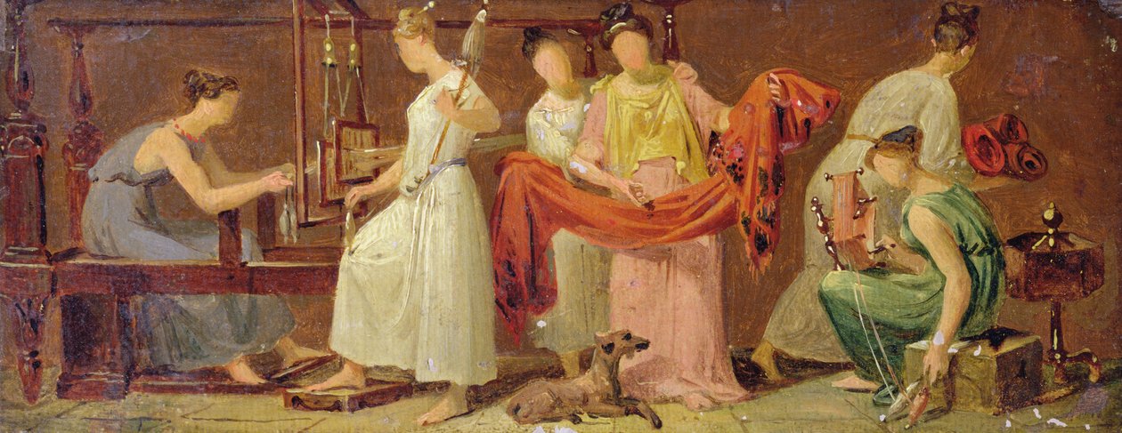 Sześć kobiet tkających we wnętrzu (olej na papierze nałożony na panel) autorstwa Alexandre Evariste Fragonard