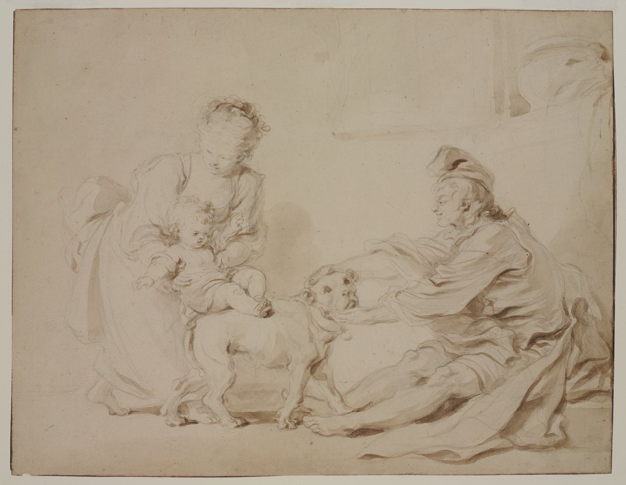Pierwsza lekcja jazdy konnej (La première leçon déquitation), ok. 1778 (grafitowo-brązowy wash na antycznym papierze kładzionym) autorstwa Alexandre Evariste Fragonard