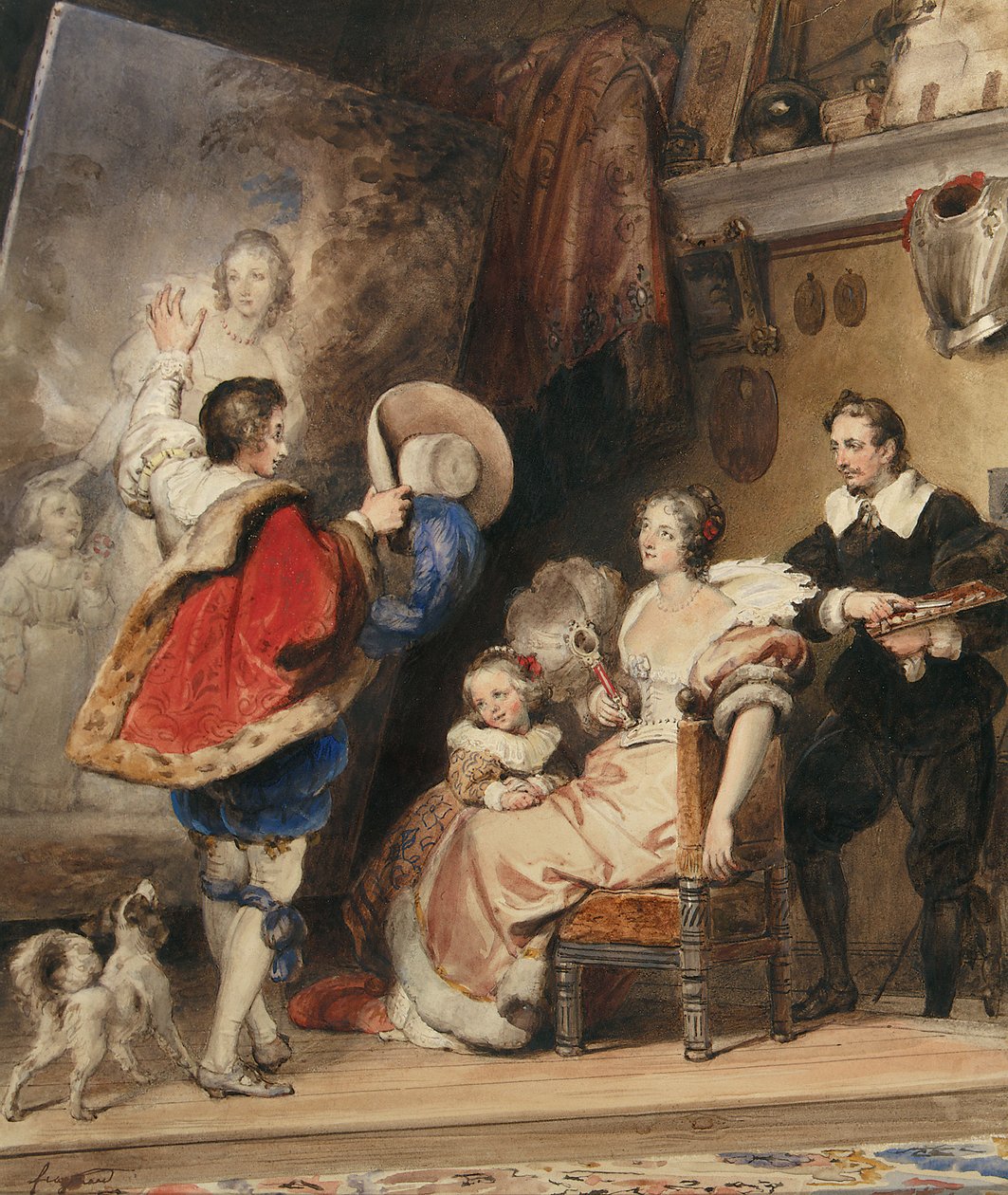 Młody mężczyzna podziwia portret damy i jej córeczki autorstwa Alexandre Evariste Fragonard
