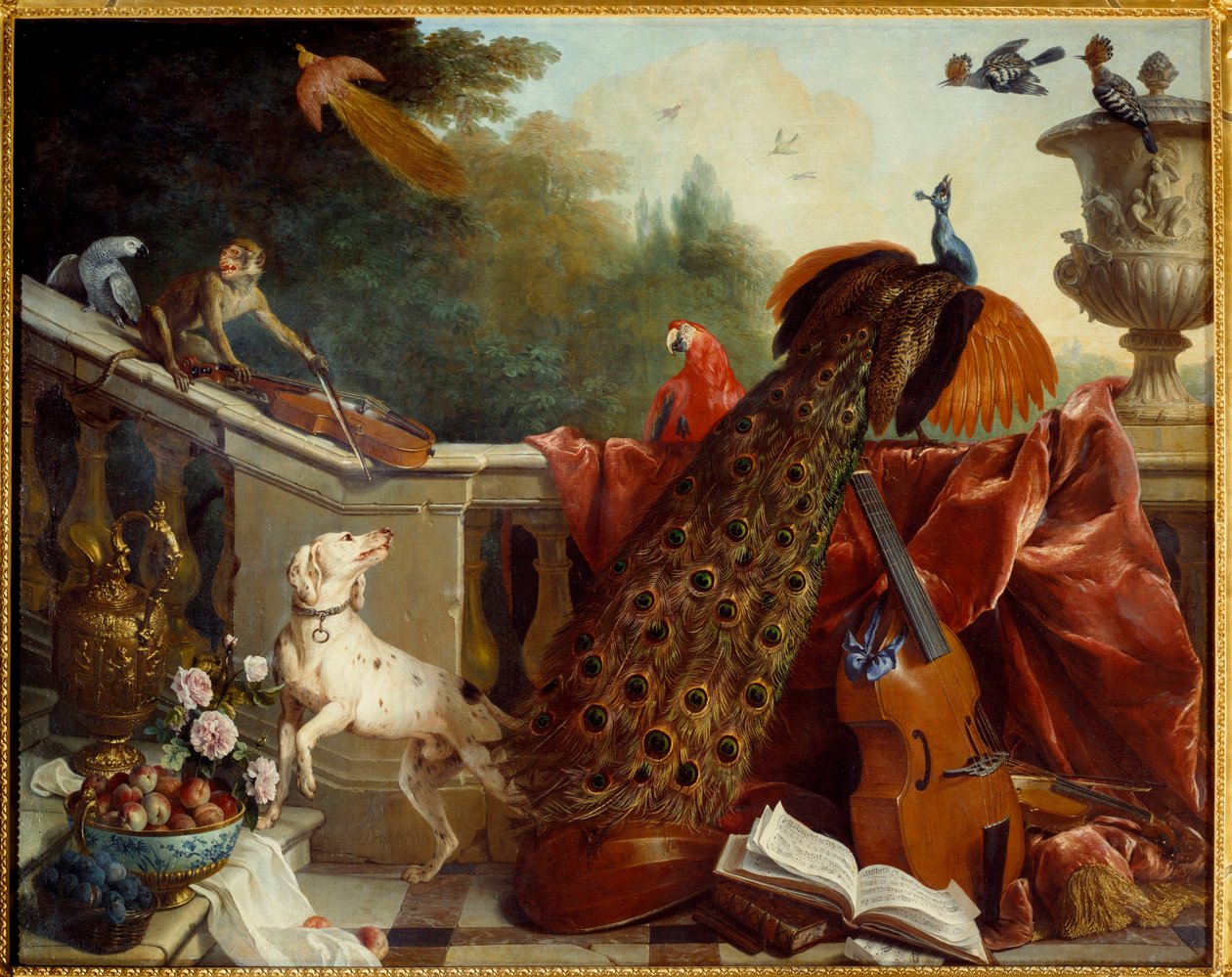 Zwierzęta, kwiaty i owoce Pies, małpa grająca na skrzypcach, paw, papuga, rajski ptak, instrumenty smyczkowe. Obraz Francois Desportes (1661-1743) 1717 Nd. 1,24x2,31 m Grenoble, musee des Beaux Arts autorstwa Alexandre Francois Desportes