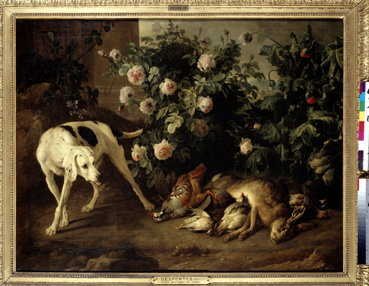 Dziczyzna hodująca psy w pobliżu krzaka róż Obraz Francois Desportes (1661-1743) 1724 nd. 1,07x1,38 m Paryż, Muzeum Luwru. autorstwa Alexandre Francois Desportes