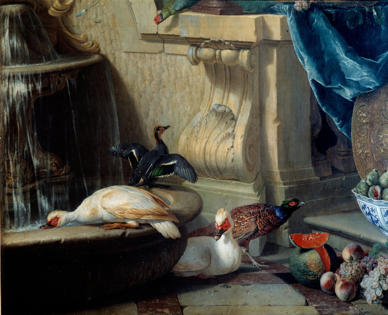 Kaczki, bażanty, owoce w pobliżu fontanny Szczegóły. obraz Francois Desportes (1661-1743) XVIII-wieczny Lyon, Musee des Beaux Arts autorstwa Alexandre Francois Desportes