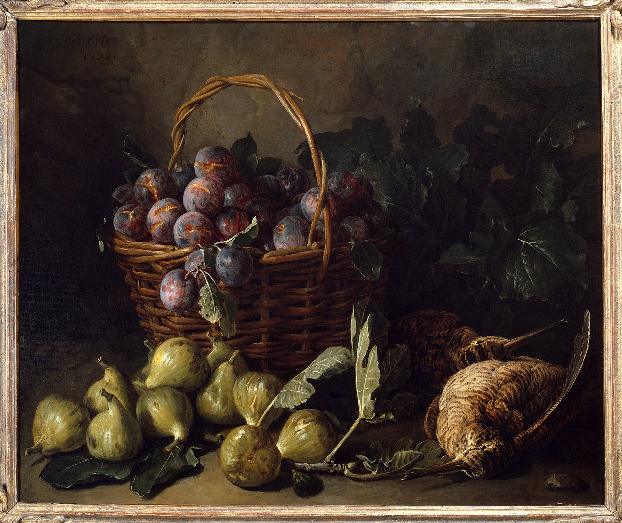 Martwa natura, figi i śliwki Malarstwo Francois Desportes (1661-1743) Paryż XVIII w., Sztuka dekoracyjna autorstwa Alexandre Francois Desportes
