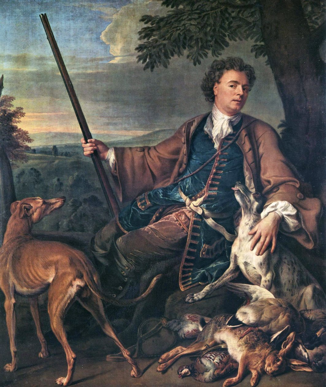 Francuski: Portrait de M. Desportes peint par lui-même avec du gibier mort à ses pieds (Portret artysty jako myśliwego) Autoportret w stroju myśliwskim autorstwa Alexandre Francois Desportes