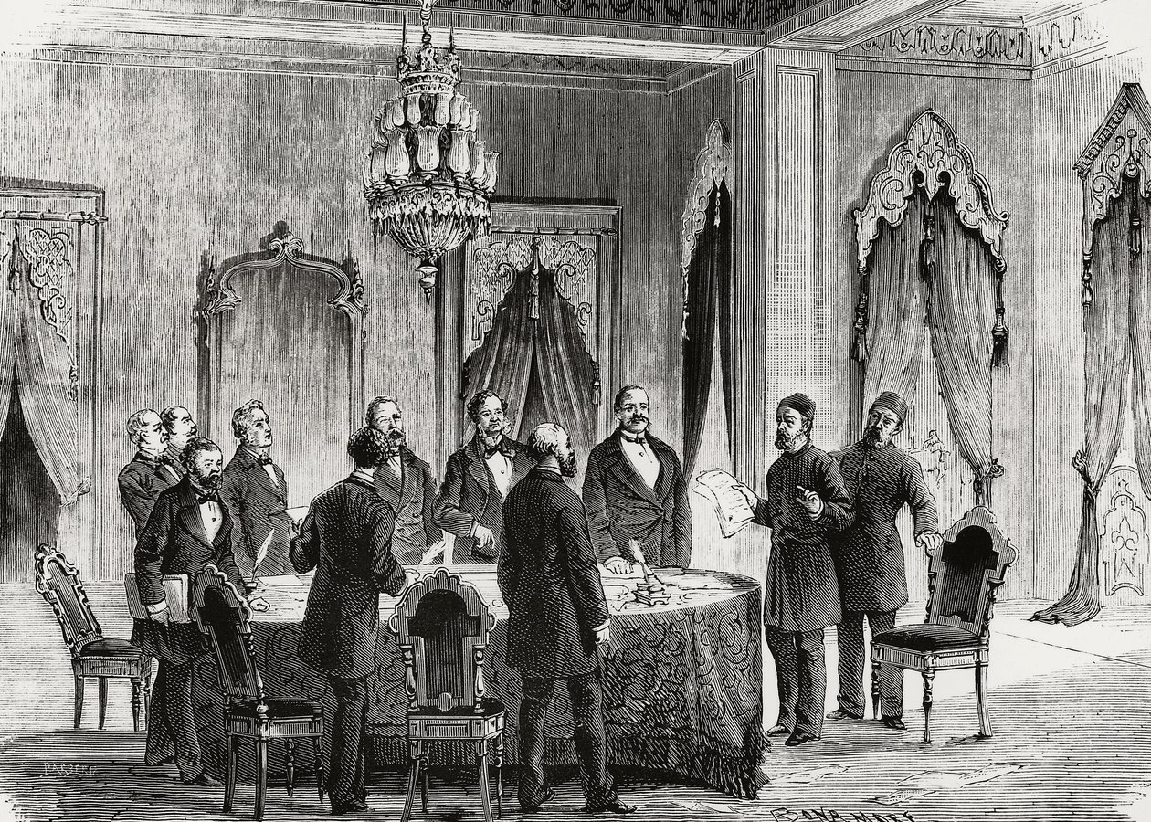 Konferencja w Konstantynopolu, grudzień 1876, rycina, Turcja autorstwa Nicolas Toussaint Charlet