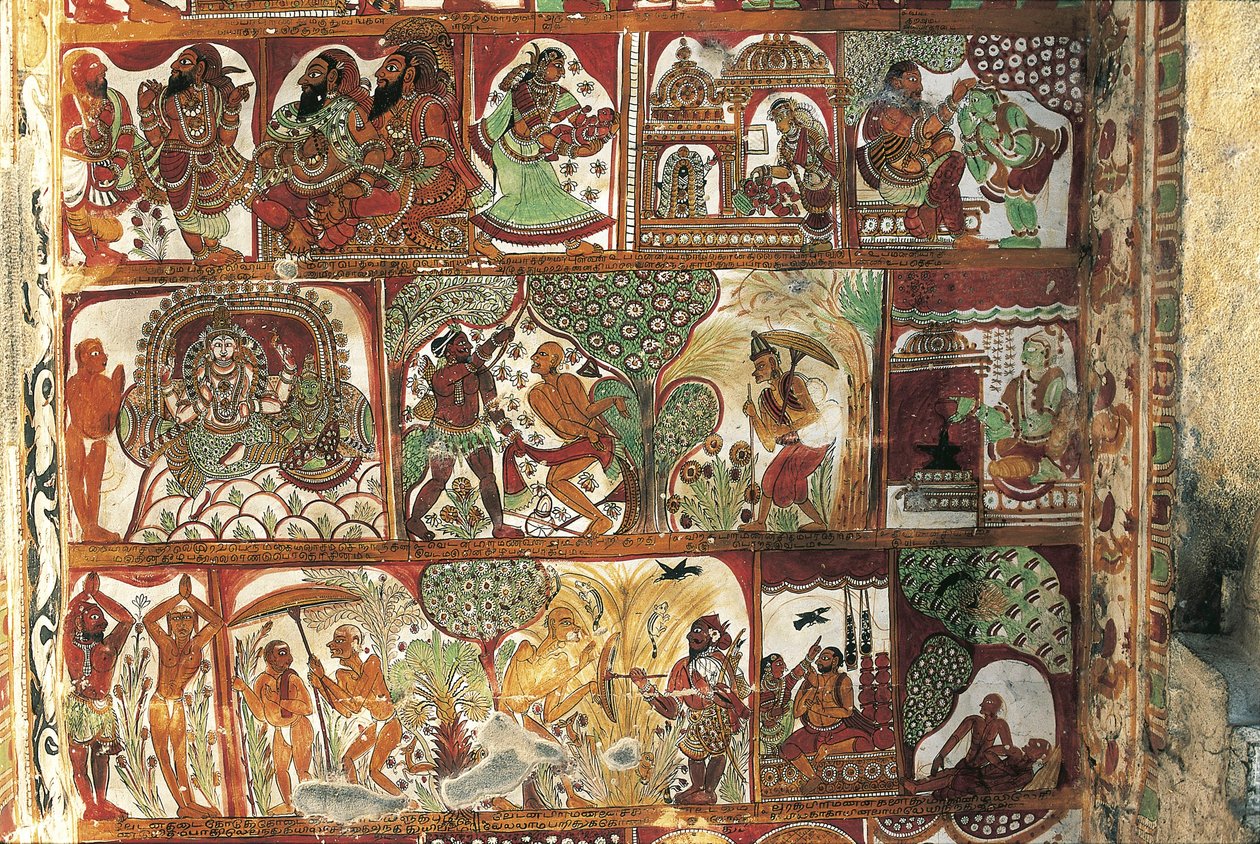 Freski przedstawiające życie Śiwy w sanktuarium Parvati, świątynia Nataraya, Chidambaram, Tamil Nadu, Indie, V wiek autorstwa Nicolas Toussaint Charlet