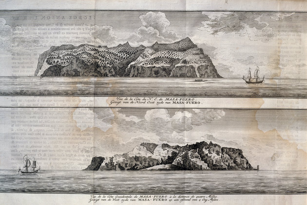 Widok na wyspę Alejandro Selkirk lub wyspę Mas Afuera, archipelag Juan Fernandez, Chile, grawerowanie autorstwa Nicolas Toussaint Charlet