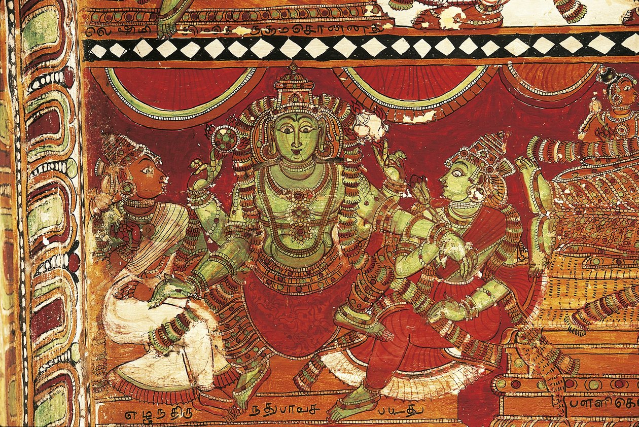 Visnu, fragment fresków przedstawiających życie Śiwy w sanktuarium Parvati, świątynia Nataraya, Chidambaram, Tamil Nadu, Indie, V w. autorstwa Nicolas Toussaint Charlet