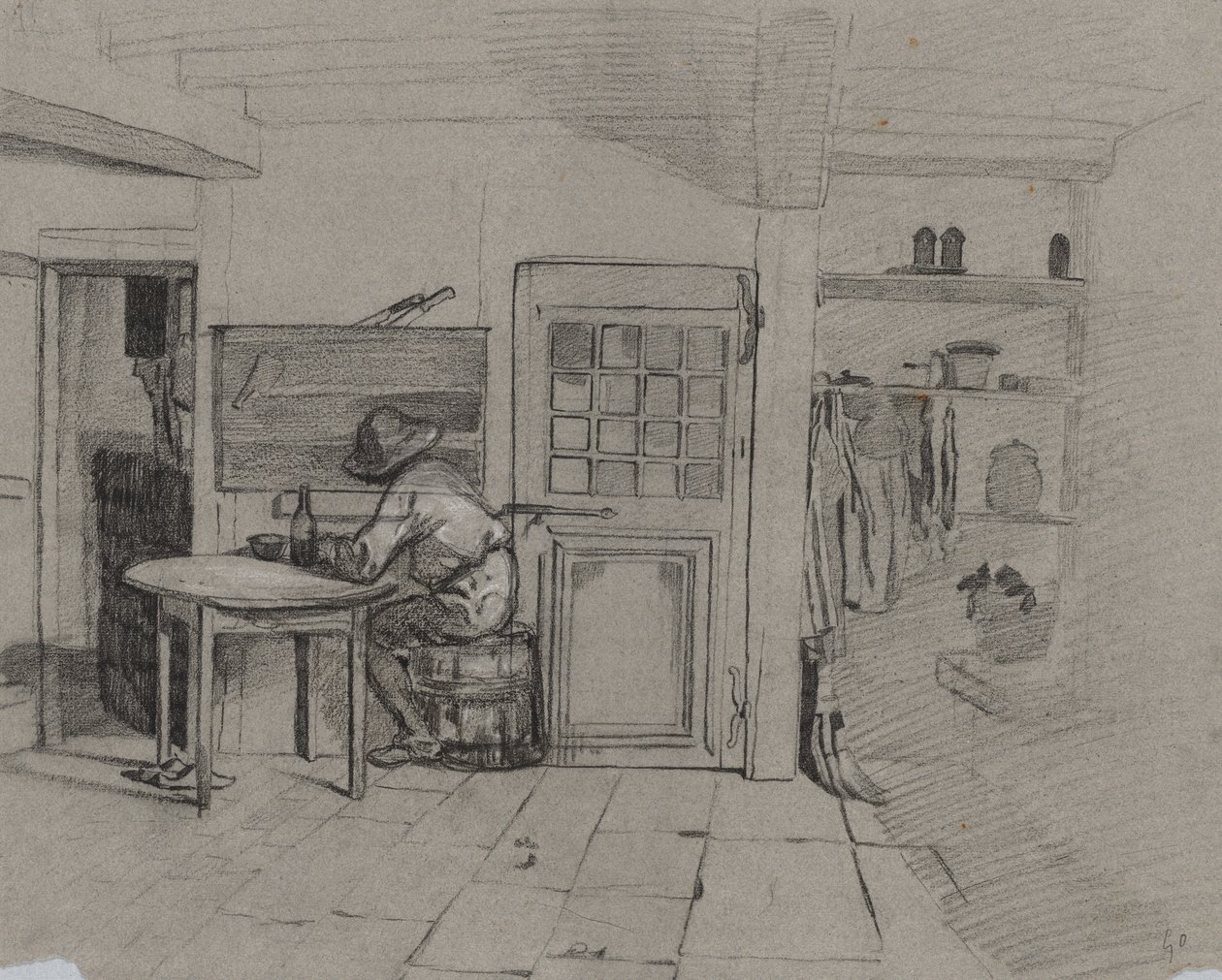 Wnętrze wiejskiego domu z chłopcem przy stole, ok. 1900 r. 1846. autorstwa Alexandre Gabriel Decamps