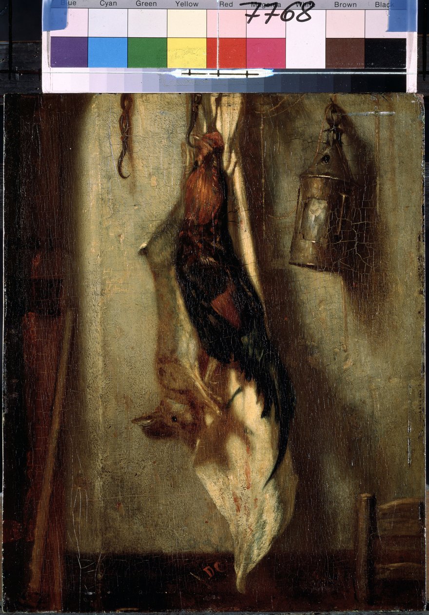 "Martwa natura koguta i zająca, zawieszona na haczyku i latarnia" Obraz Alexandre-Gabriela Decampsa (Alexandre Gabriel) (1803-1860) XIX w. Wymiary 28x24 cm Ermitaż, Sankt Petersburg (Petersburg) autorstwa Alexandre Gabriel Decamps