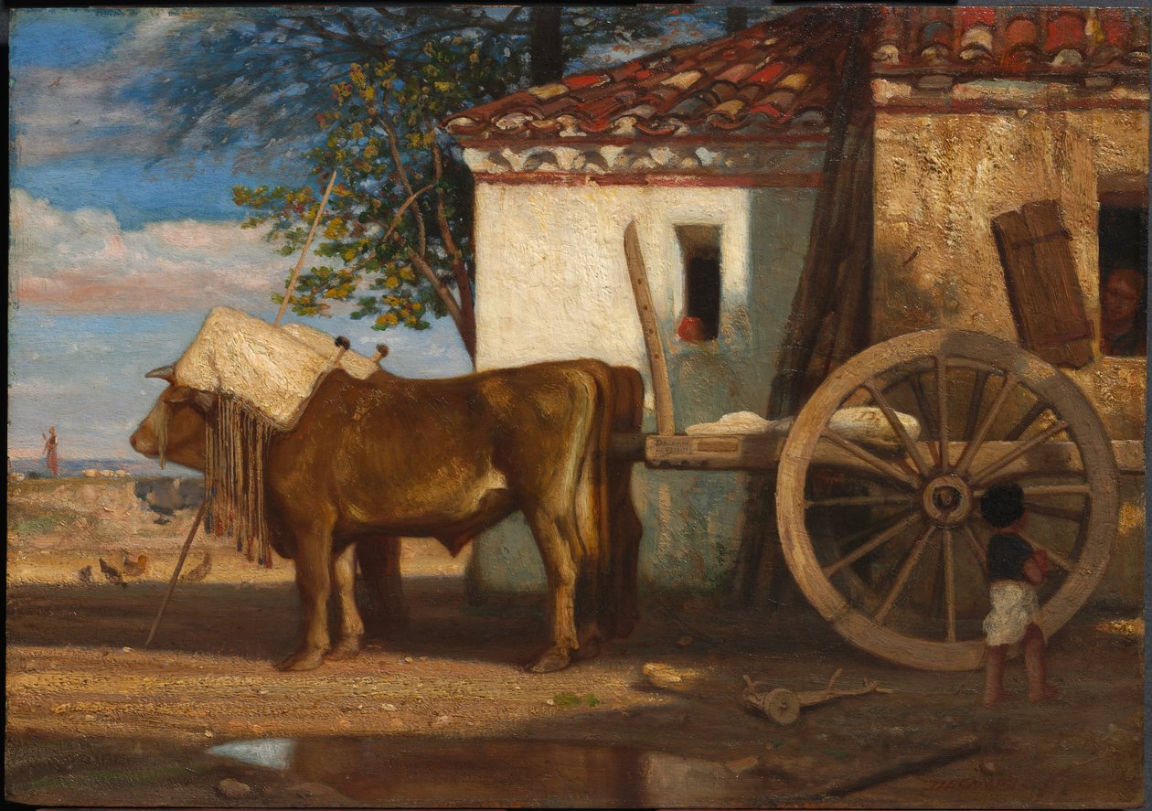 Woły przed domem w Le Verrier, ok. 1853 (olej na drewnie) autorstwa Alexandre Gabriel Decamps