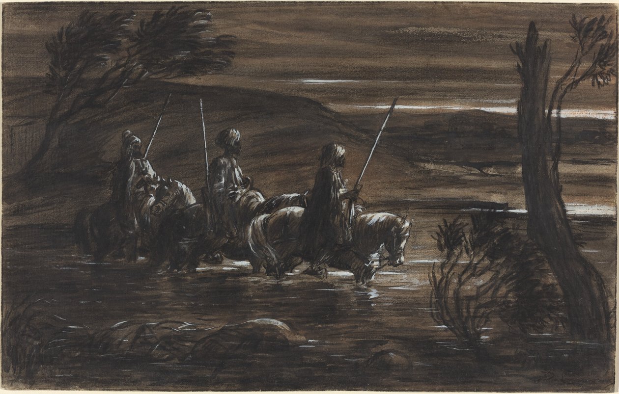 Trzech arabskich jeźdźców przekraczających rzekę autorstwa Alexandre Gabriel Decamps
