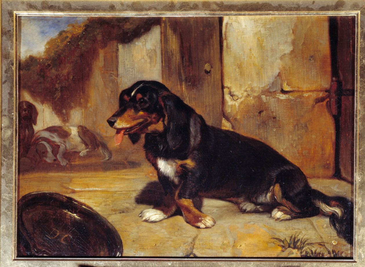 Basset hound „”Polujące psy w spoczynku”” Obraz Alexandre Gabriel Decamps (1803-1860) 1834 Dim 0,48x0,35 m Paryż, Luwr autorstwa Alexandre Gabriel Decamps