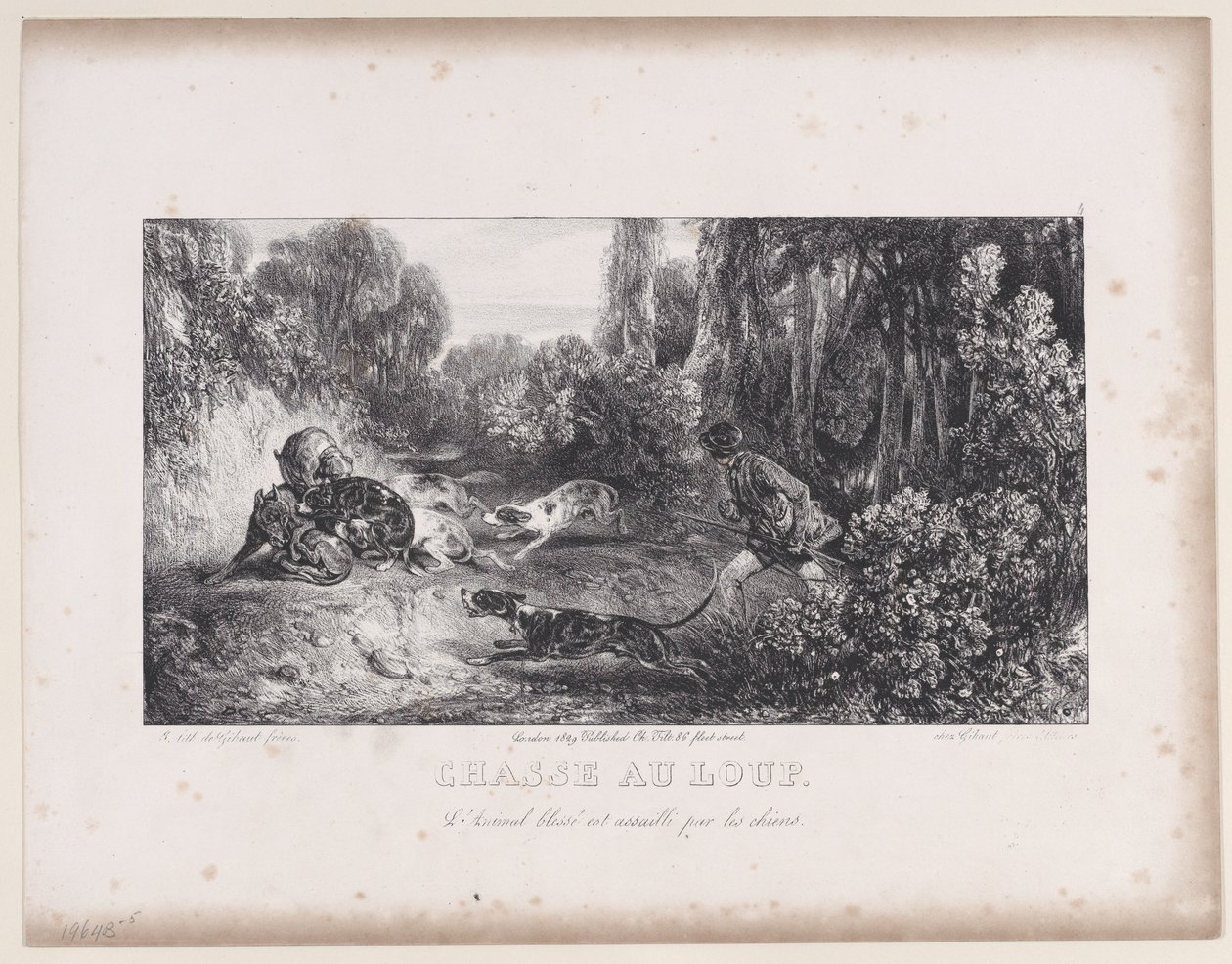 Polowanie na wilka: Zranione zwierzę zaatakowane przez psy, z serii Sceny polowania, 1829. autorstwa Alexandre Gabriel Decamps