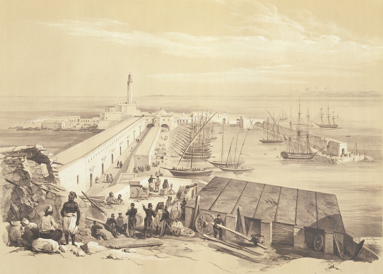 Port i molo w Algierze, z tomu upamiętniającego francuskie siły ekspedycyjne, które zdobyły Algier w 1830 r., ryty przez Adolphe Jean-Baptiste Bayot (1810-66) autorstwa Alexandre Genet