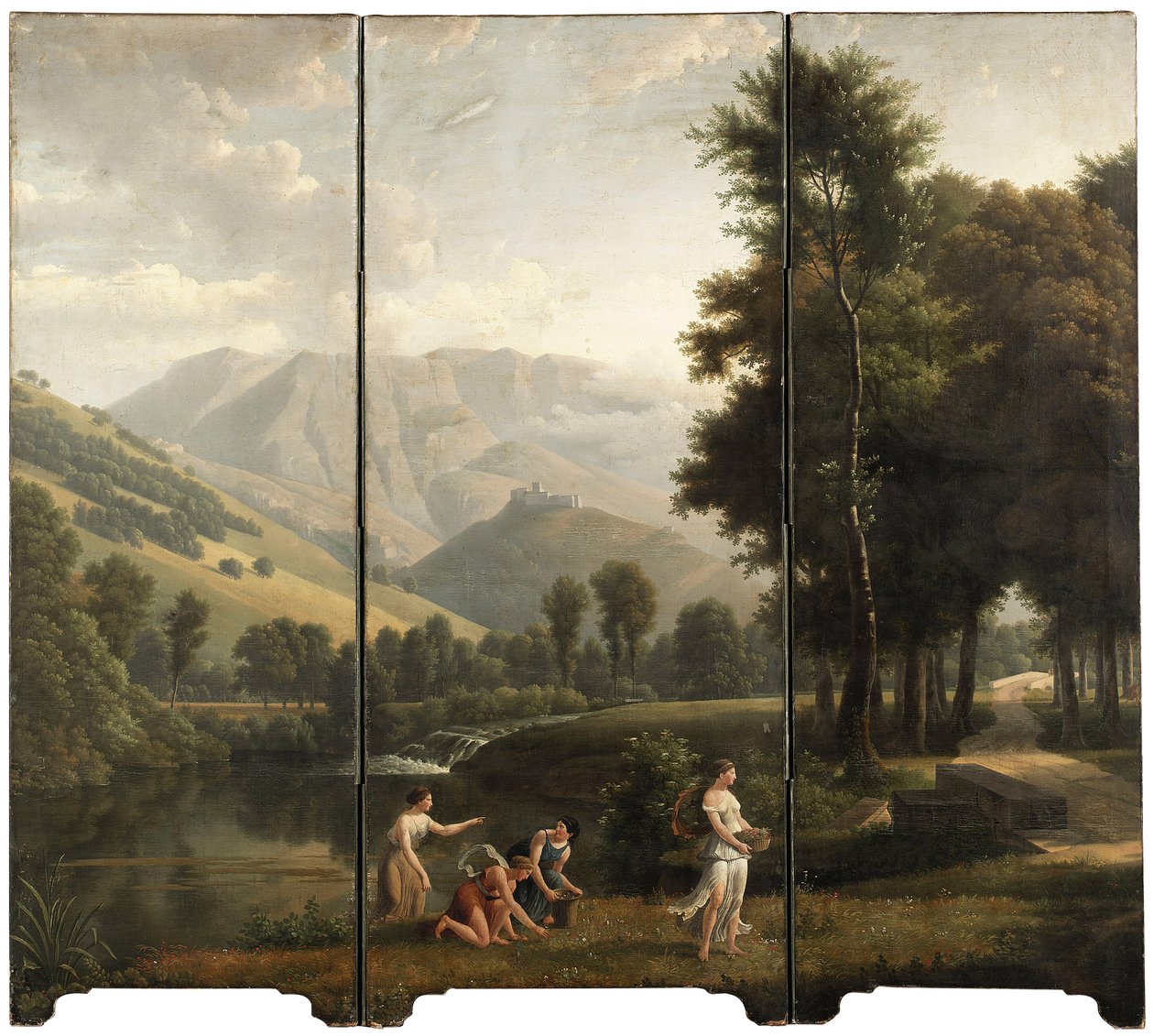 Arkadyjski krajobraz z dziewczętami zbierającymi kwiaty nad brzegiem rzeki, za nim zamek na wzgórzu, 1801 autorstwa Alexandre Hyacinthe Dunouy