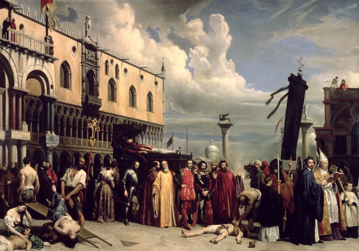 Honory pogrzebowe oddane Tycjanowi, który zginął w Wenecji podczas zarazy w 1576, 1832 r. autorstwa Alexandre Jean Baptiste Hesse