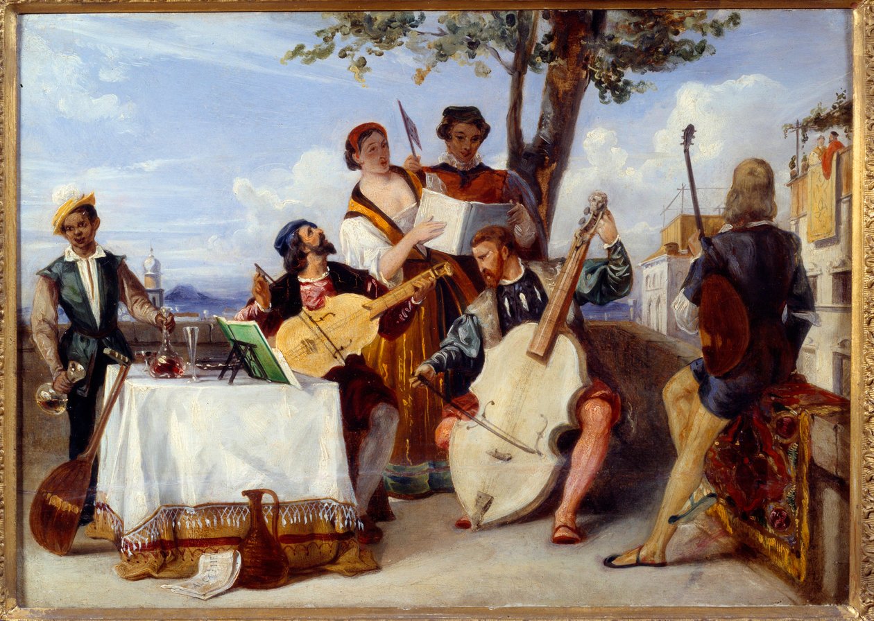 Weneckich muzyków koncertowych (wiolonczela, lutnia, skrzypce) oraz śpiewaków na tarasie obsługuje czarny służący. Obraz Alexandre Hesse (1806-1879) Nantes z XIX wieku, Muzeum Sztuk Pięknych autorstwa Alexandre Jean Baptiste Hesse