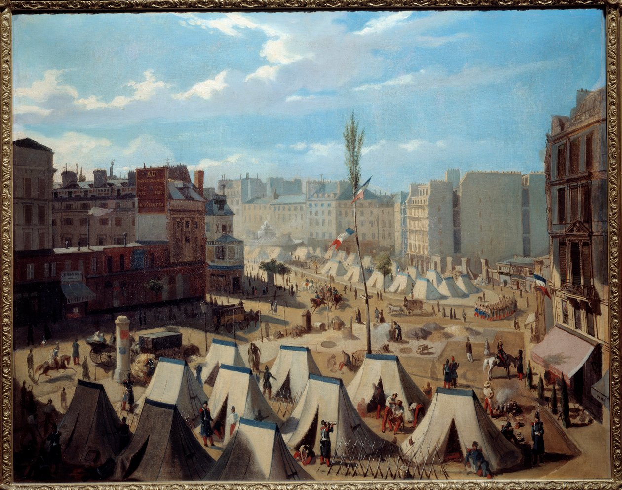 Obóz wojskowy na Boulevard du Temple w dniach czerwca 1848 r. Widok Paryża podczas rewolucji 1848 r. Obraz Aleksandra Josquina (XIX w.). Olej na płótnie. Wymiary: 0,64 x 0,81m. Paryż, Musee Carnavalet - Obóz wojsk na Bulwarze autorstwa Alexandre Josquin