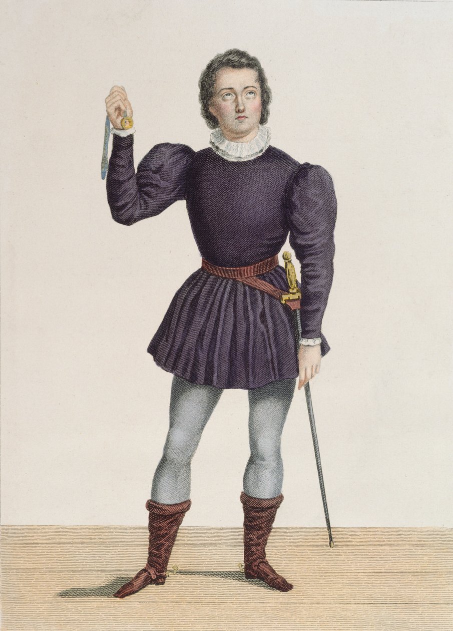 Frederick Lemaitre (1800-76) jako Edgard w "Narzeczonej z Lammermooru" Waltera Scotta (1771-1832) w Theatre de la Porte Saint-Martin (rycina kolorowa) autorstwa Alexandre Lacauchie