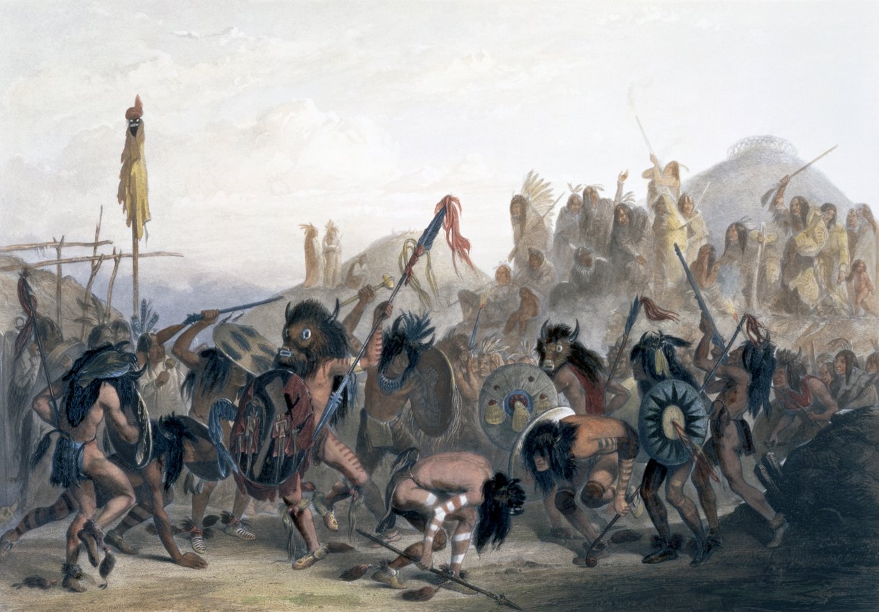 „Żubr-Taniec Indian Mandan przed ich Lożą Medycyny w Mih-Tutta-Hankush”, 1843 autorstwa Alexandre Manceau