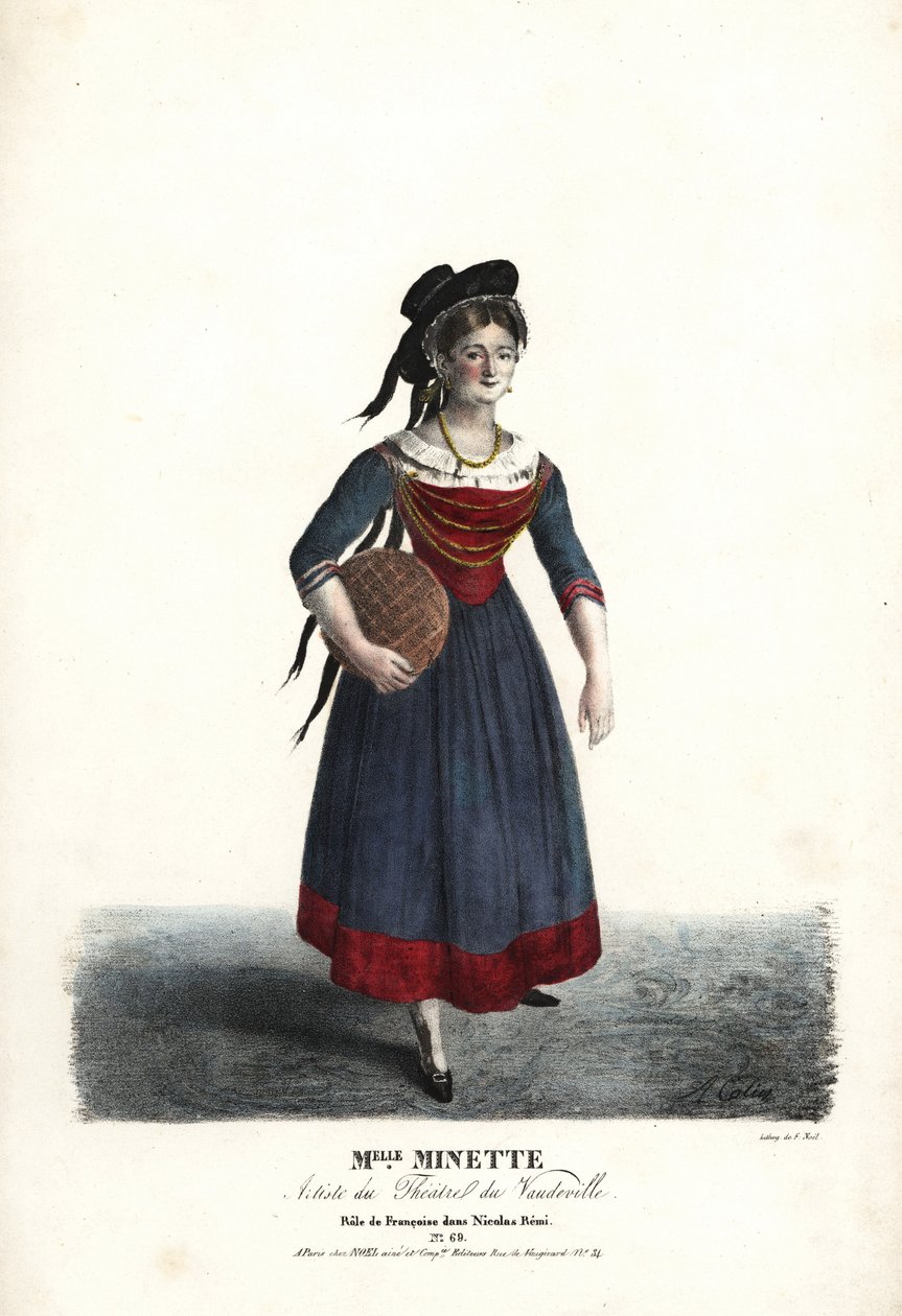 Aktorka Mademoiselle Minette lub Jeanne-Marie-Francoise Menestrier jako Francoise w Nicolasie Remi Sewrin, Theatre du Vaudeville autorstwa Alexandre Marie Colin