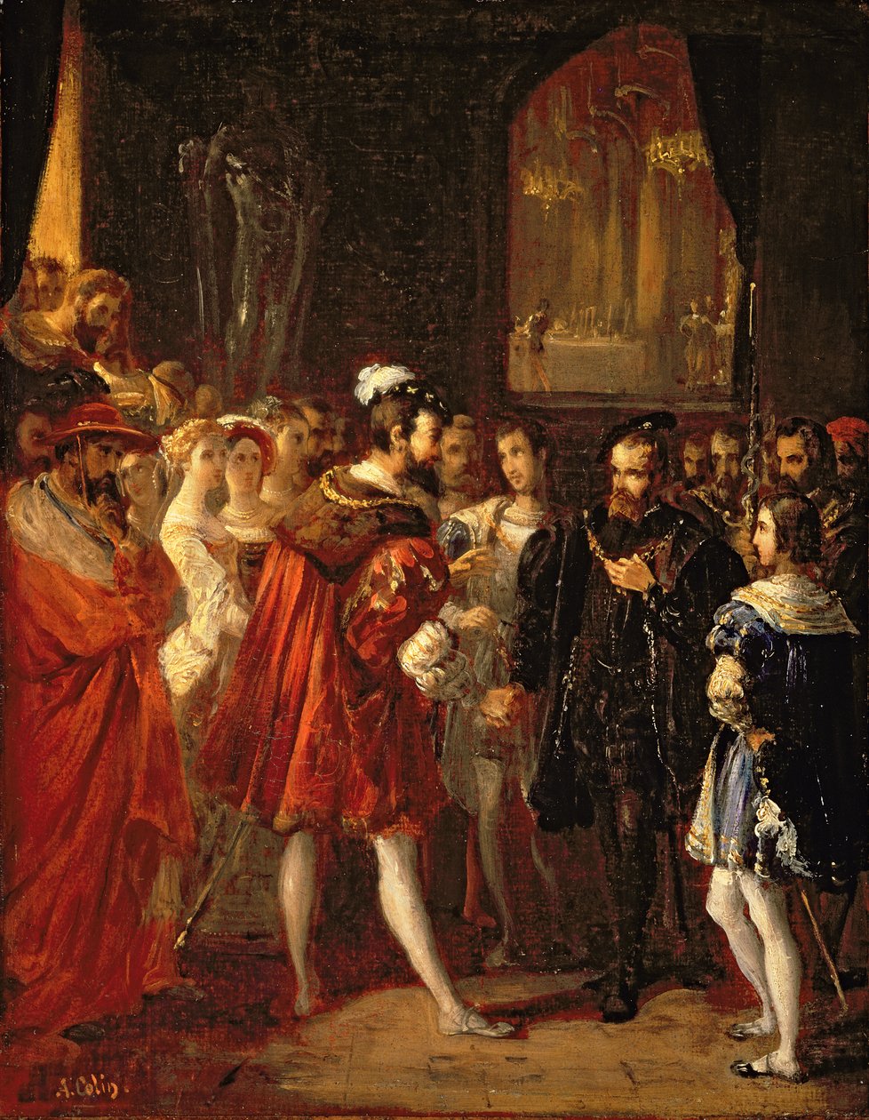 Karol V (1500-58) przyjęty przez Franciszka I (1494-1547) w Luwrze, ok.1843 autorstwa Alexandre Marie Colin