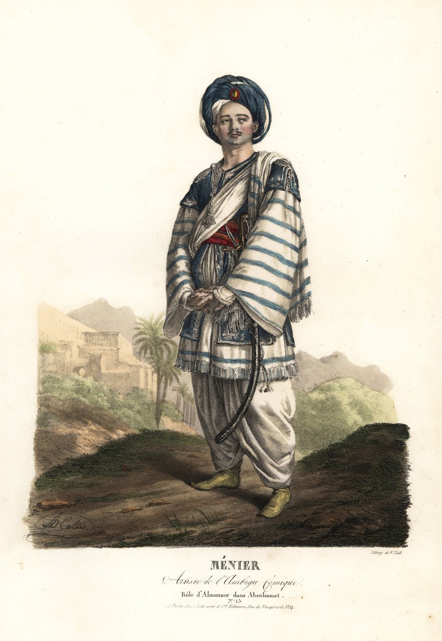 Paulin Menier jako Almanzor w Abenhamet Anne-Honore-Joseph Duveyrier, muzyka Adriena Quaisaina, Ambigu Comique autorstwa Alexandre Marie Colin