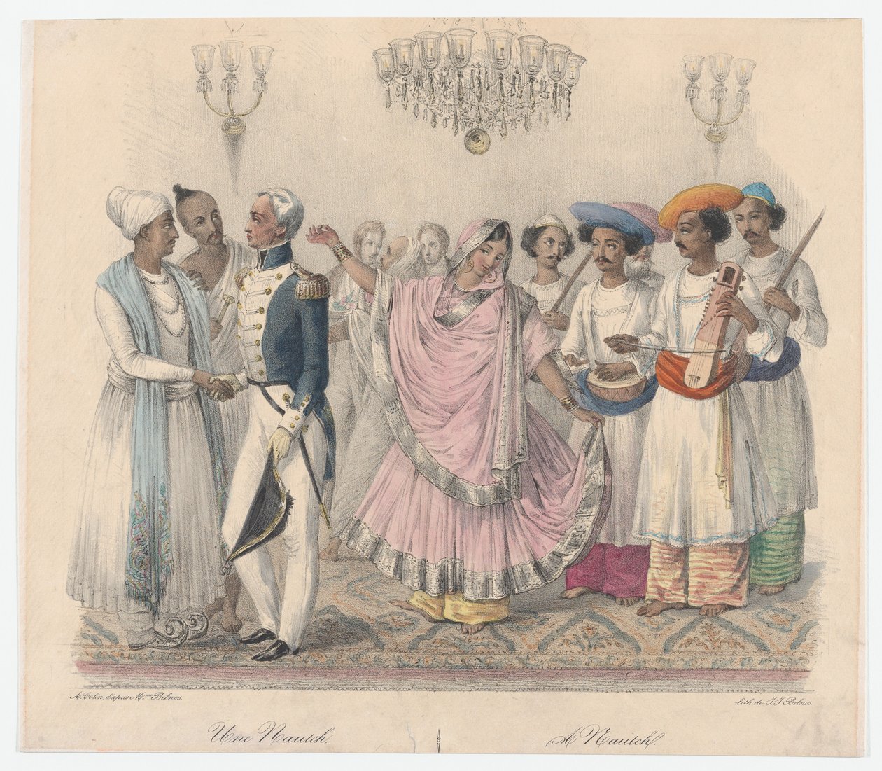 Une Nautch, z dwudziestu czterech płyt ilustrujących hinduskie i europejskie maniery w Bengalu,..., 1832 autorstwa Alexandre Marie Colin