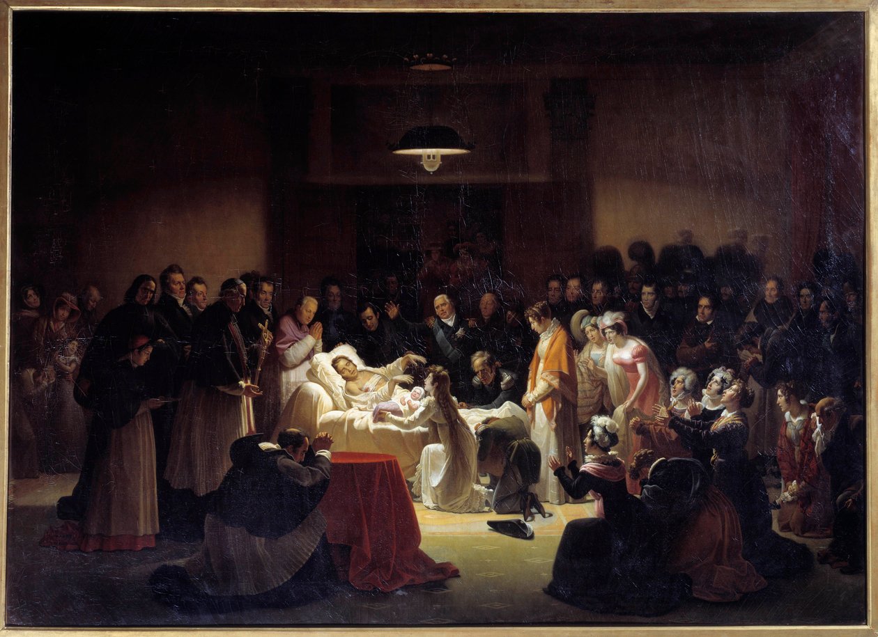Ostatnie chwile księcia Berry (1778 - 1820) w Operze Paryskiej w otoczeniu Ludwika XVIII i rodziny królewskiej. Obraz Alexandre Menjauda (1773 - 1832) autorstwa Alexandre Menjaud