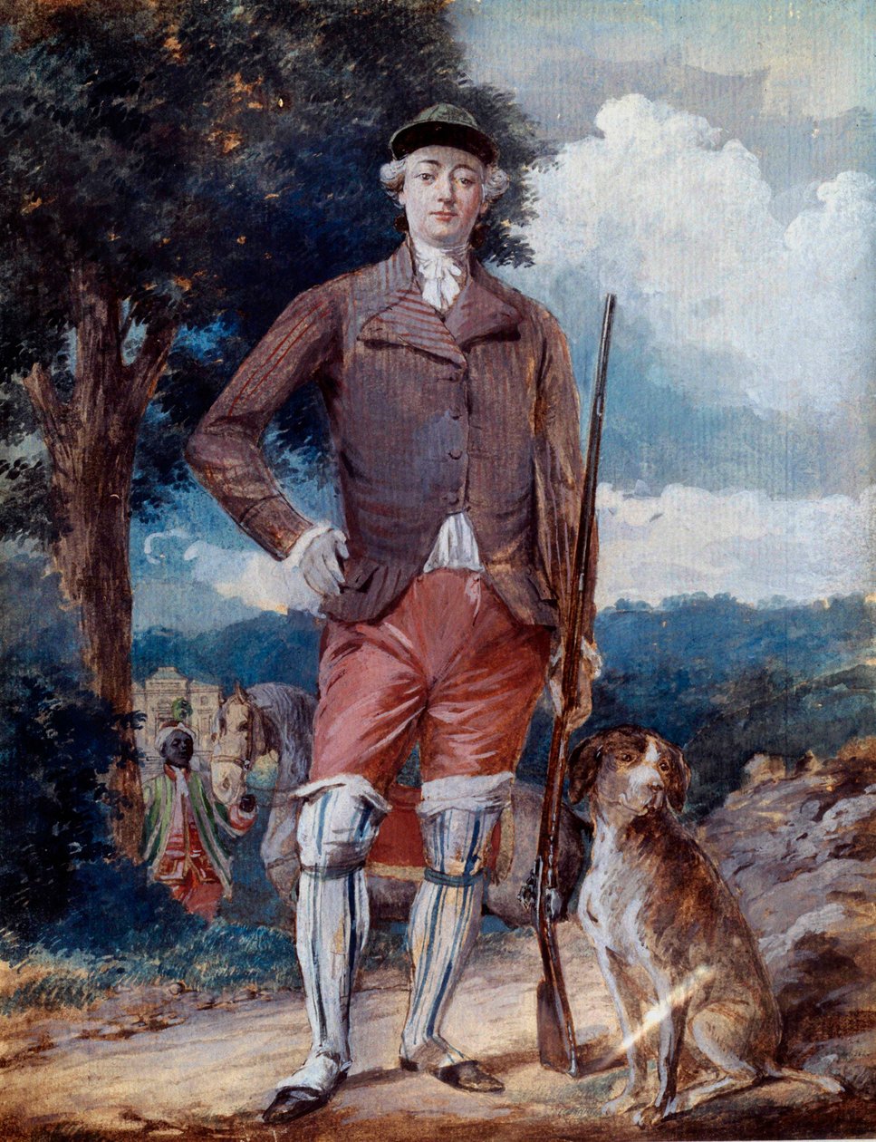 Portret u stóp Karola Filipa Francji (1757-1836), hrabiego Artois, przyszłego Karola X, w stroju myśliwego Akwarela Alexandre Moitte (1750-1828) XVIII-wieczne Amiens, Musee de Picardie autorstwa Alexandre Moitte