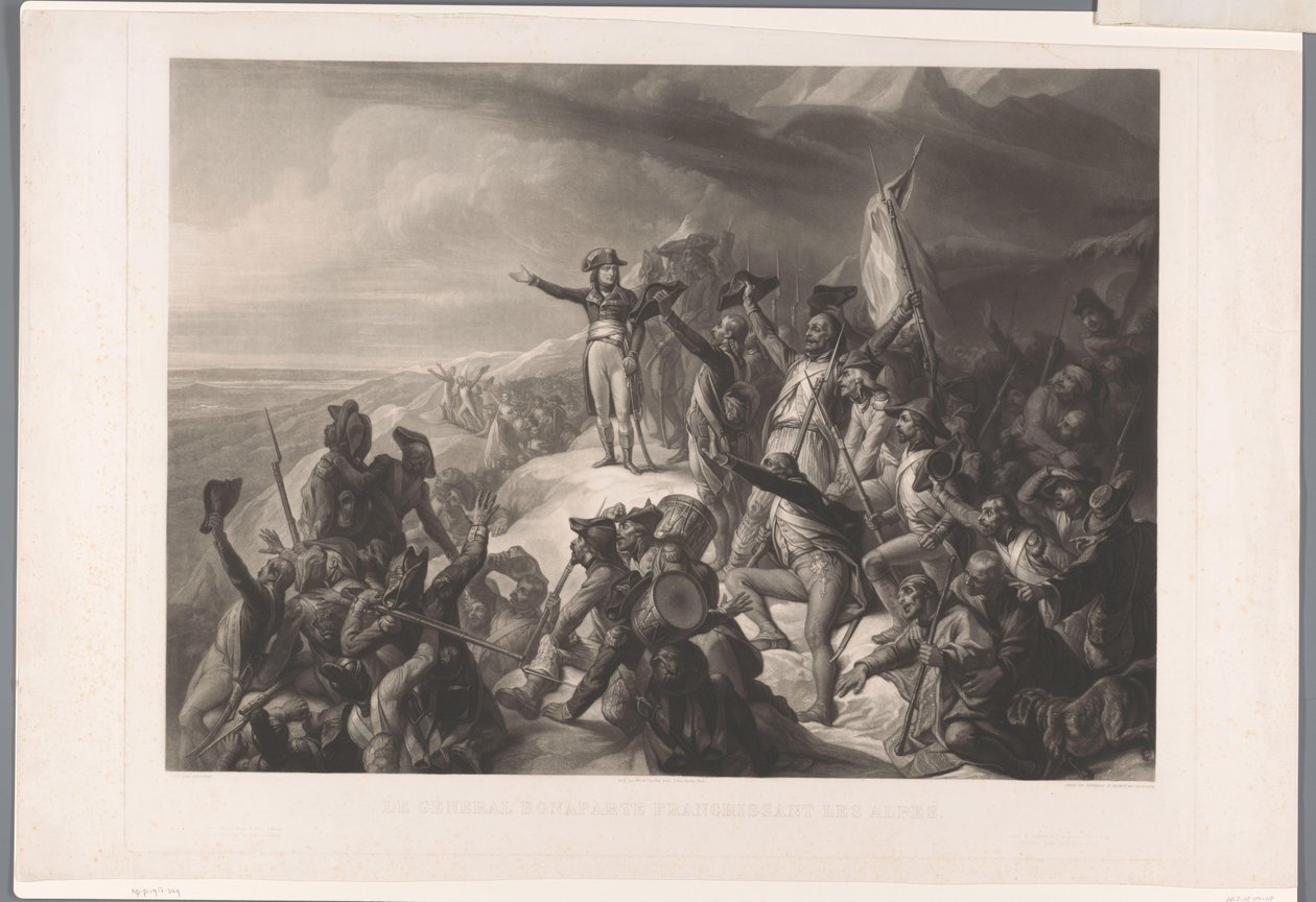 Napoleon Bonapartes oskarża się o de Alpen Generał Bonaparte przekraczający Alpy (tytuł na obiekcie) autorstwa Alexandre Vincent Sixdeniers
