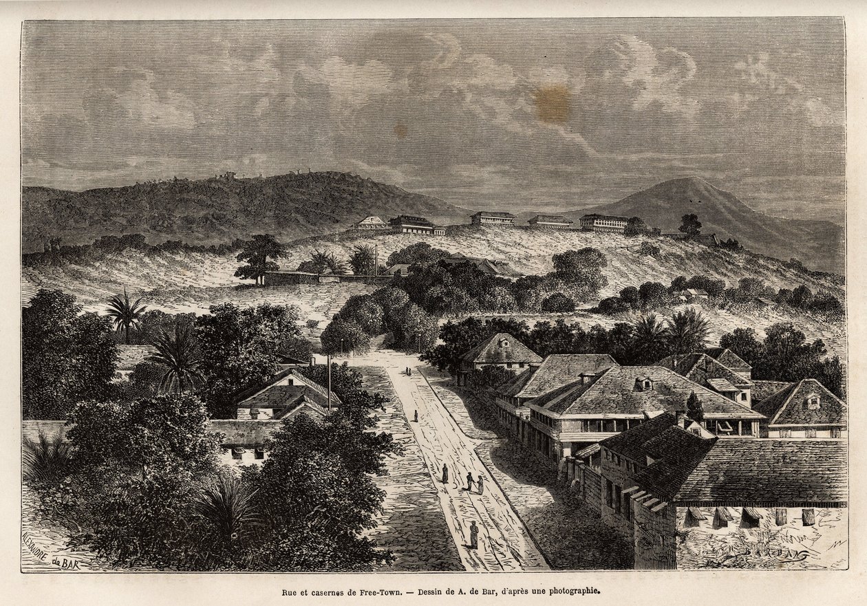 Rue et barracks de Freetown, Sierra Leone, rycina według rysunku A. de Bar, ilustrująca podróż na Wybrzeże Afrykańskie w 1868 r., autorstwa wiceadmirała Fleuriot de Langles, opublikowana w „Le tour du monde” 1873, pod redakcją autorstwa Edouarda Chartona,  autorstwa Alexandre de (after) Bar