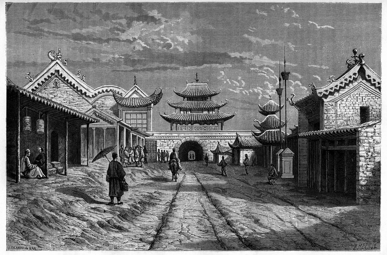 Widok z ulicy na “Youn Tchen Sian”, Chiny. Rycina wg rysunku A. de Bara, w „Le Tour du Monde, Nouveau journal des Voyages”, pod redakcją Edouarda Chartona, Paryż autorstwa Alexandre de (after) Bar