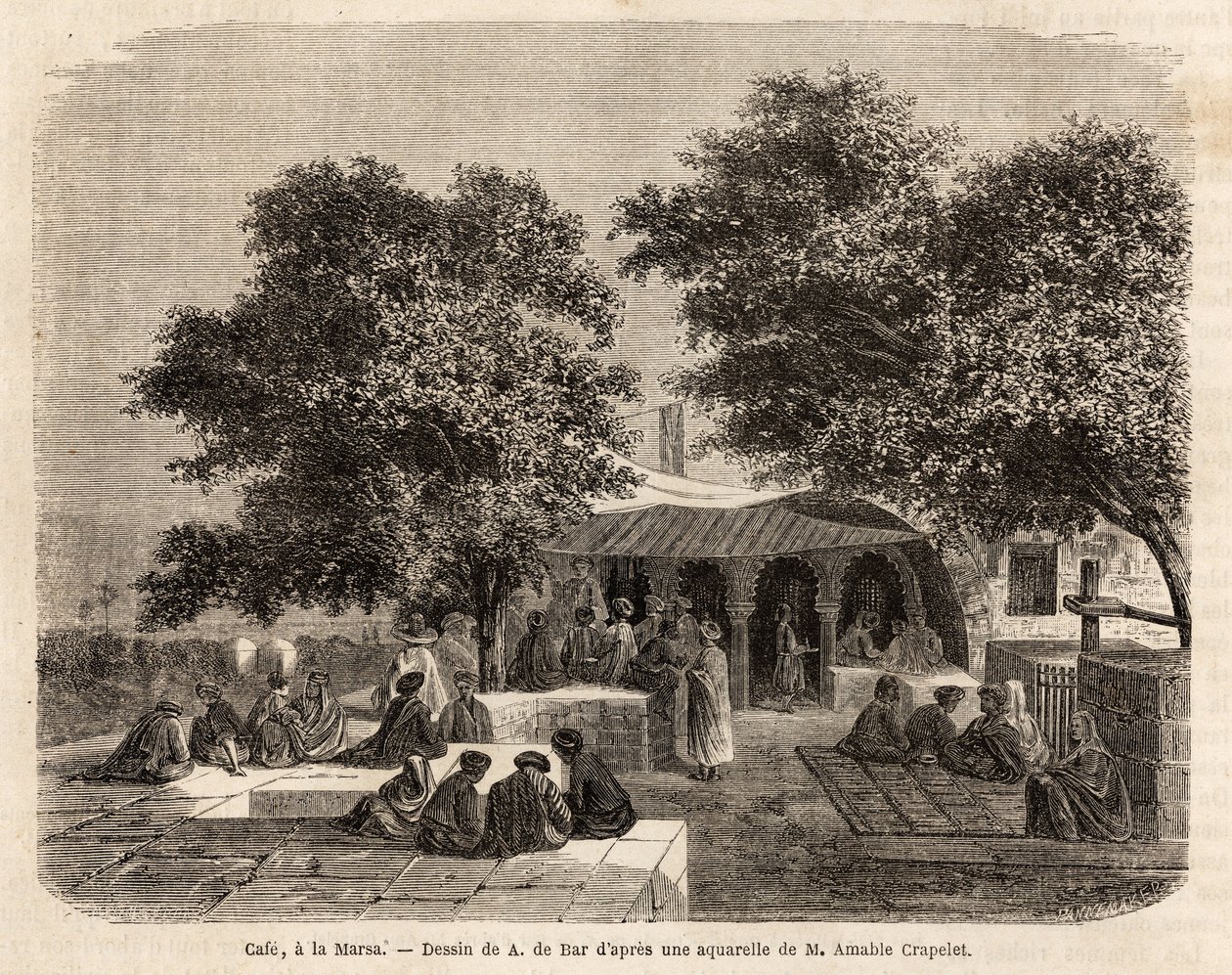 Widok kawiarni w La Marsa (Tunis), rysunek A.de Bar, ilustrujący podróż do Tunisu w 1859 roku autorstwa Amable Crapeleta. Grawerowanie w „”Le tour du monde””, pod redakcją Edouarda Chartona autorstwa Alexandre de (after) Bar
