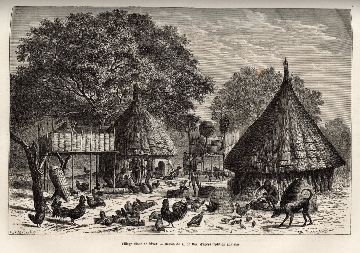 Wioska Diour zimą (Sudan) i codzienne zajęcia mieszkańców pośród zwierząt wychowanych przez społeczność, rycina wg rysunku A. de Bar, ilustrująca podróż do serca Afryki w latach 1868-1871, autorstwa dr. Georges Schweinfurt autorstwa Alexandre de (after) Bar