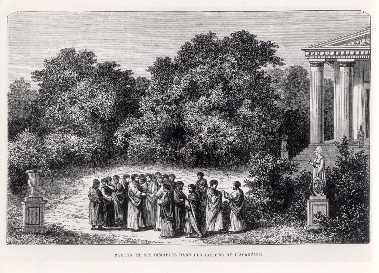 Platon (ok. 427-c.348 p.n.e.) i jego uczniowie w ogrodzie Akademii, z "La Vie des Savants Illustres" Louisa Figuiera, rytowany przez Laplante