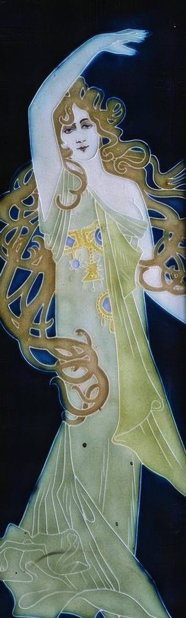 Modernistyczna emalia. Szczegółowa figura kobieca. autorstwa Alexandre de Riquer