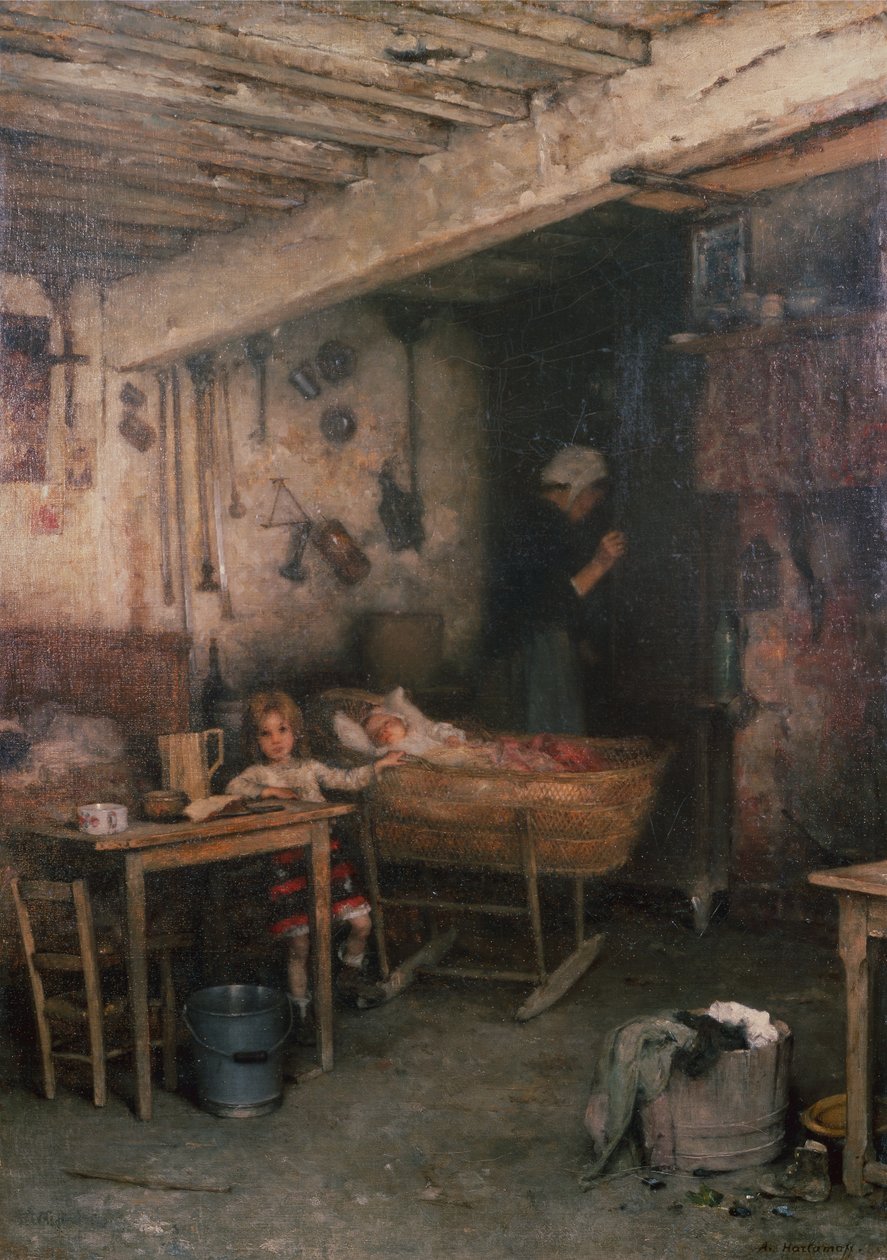 Dzieci we wnętrzu domku (olej na płótnie) autorstwa Alexei Alexevich Harlamoff