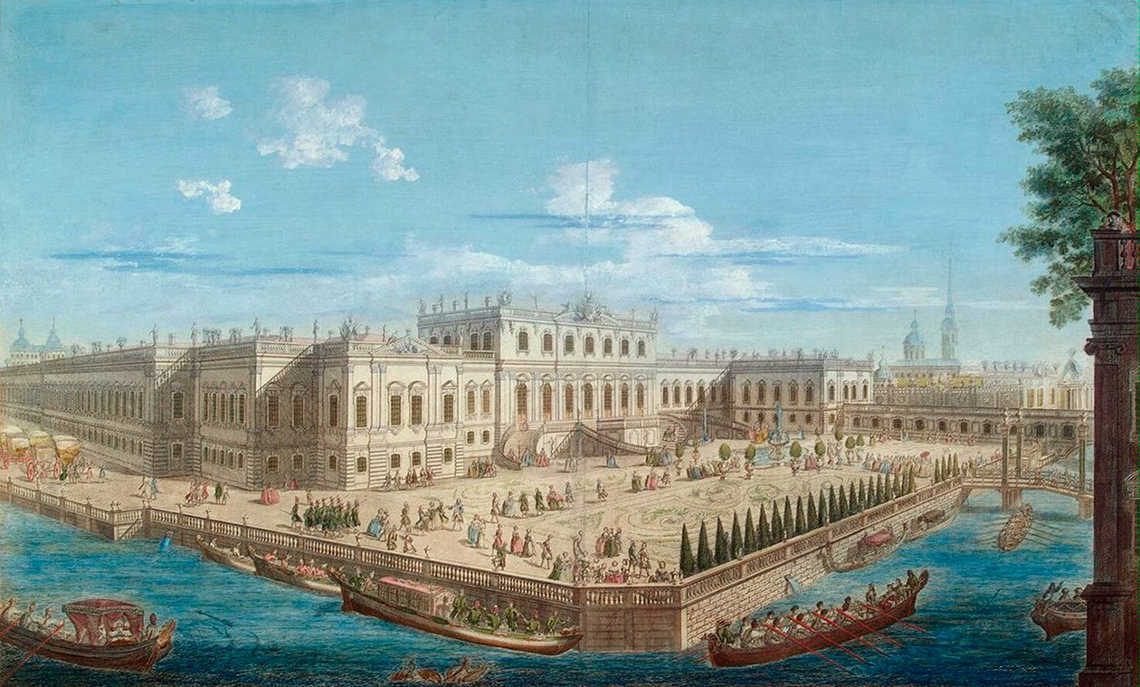 Widok na letni pałac cesarzowej Elżbiety nad rzeką Fontanka w Petersburgu, 1753 r. autorstwa Alexei Angileevich Grekov