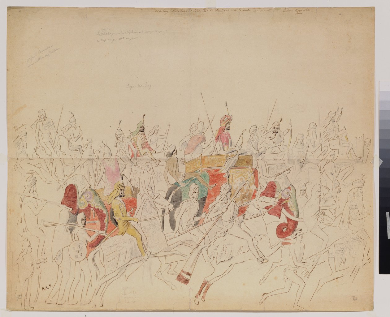 Maharaja Sher Singh (1807-1843) z Pendżabu (Indie) i jego dwór. Praca Aleksieja Dmitriewicza Saltykowa (1806-1859), ołówek akwarelowy i atrament na papierze autorstwa Alexei Dmitrievich Saltykov