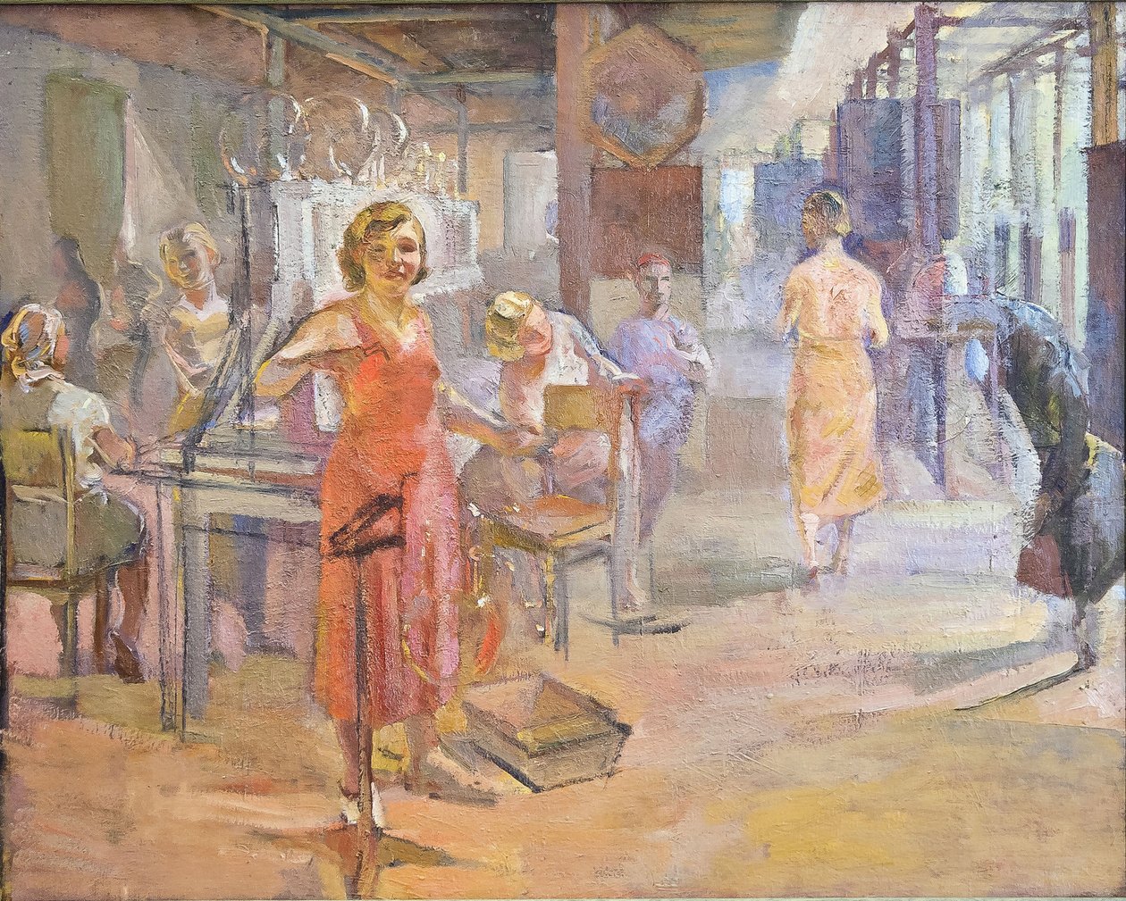 Plan pięcioletni - Fabryka elektryczna „Swietłana” w Leningradzie autorstwa Sittaro, Aleksieja Gumbertowicza (1906-1942). Olej na płótnie, format : 174x2 autorstwa Alexei Gumbertovich Sittaro
